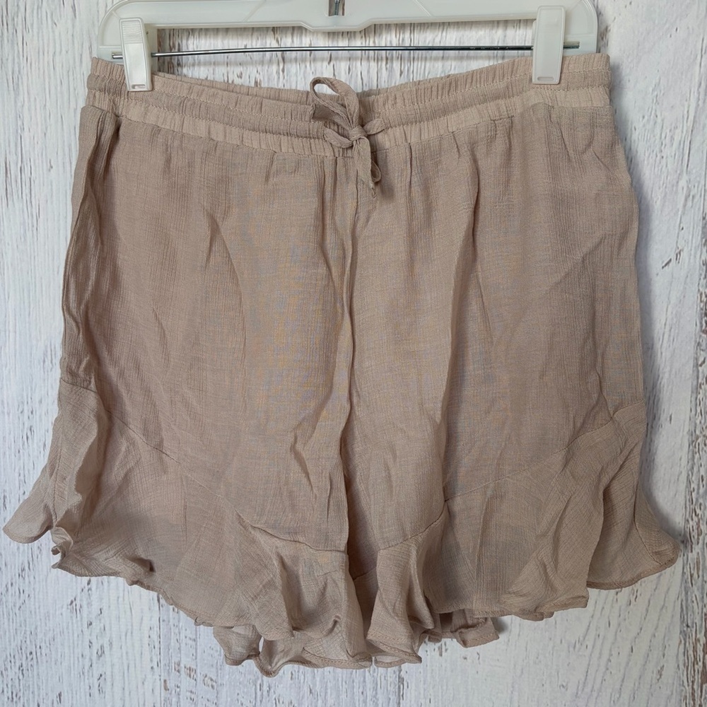 Blu Ivy Light Beige Ruffle Hem Women’s Shorts - Drawstring Waist